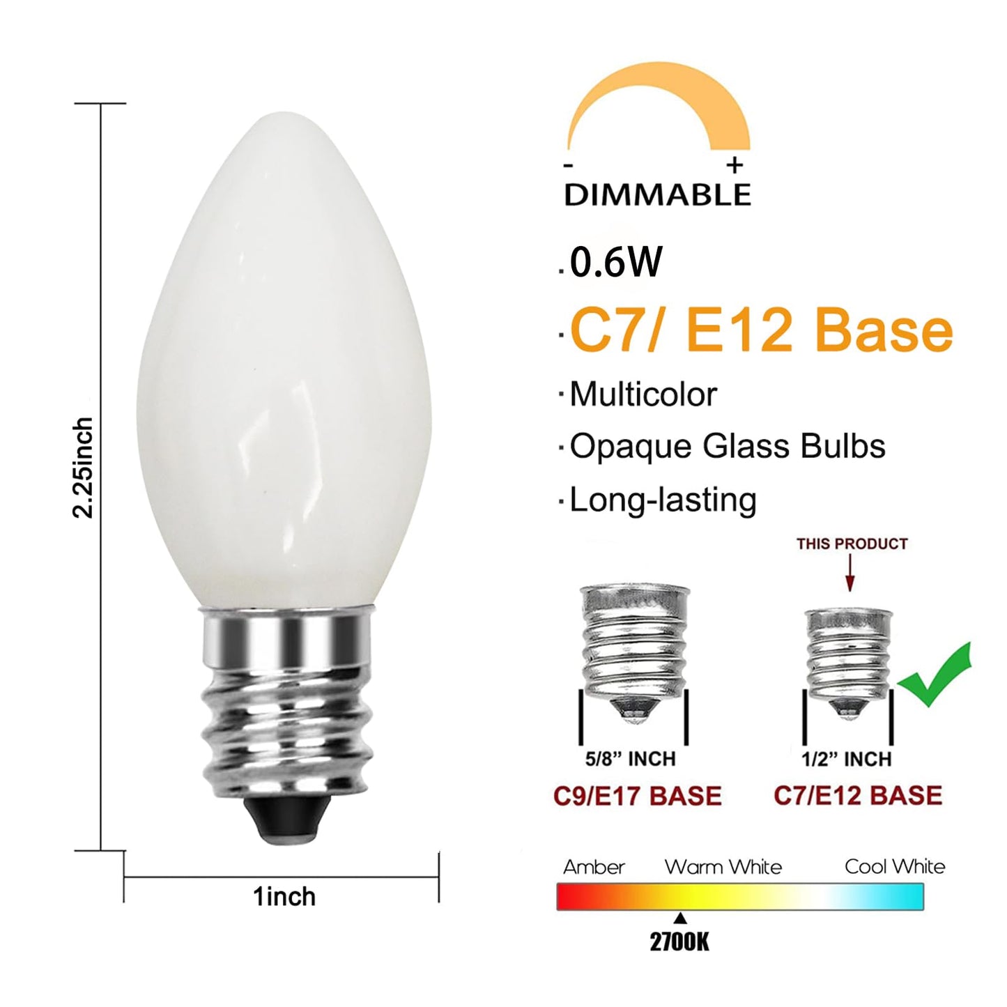 GOOTHY 25 Pack C7 LED White Christmas Replacement Bulbs, 0.6W C7 LED Replacement Light Bulbs for Christmas Outdoor Patio String Lights, Candles, E12 Candelabra Base Night Light Bulbs, Saving Enengy