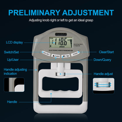 Handeful Grip Strength Tester Trainer - Dynamometer Handgrip Measurer Meter, Handheld Strengthener Exerciser for Sports, School, and Home Use (198Lbs / 90Kgs)