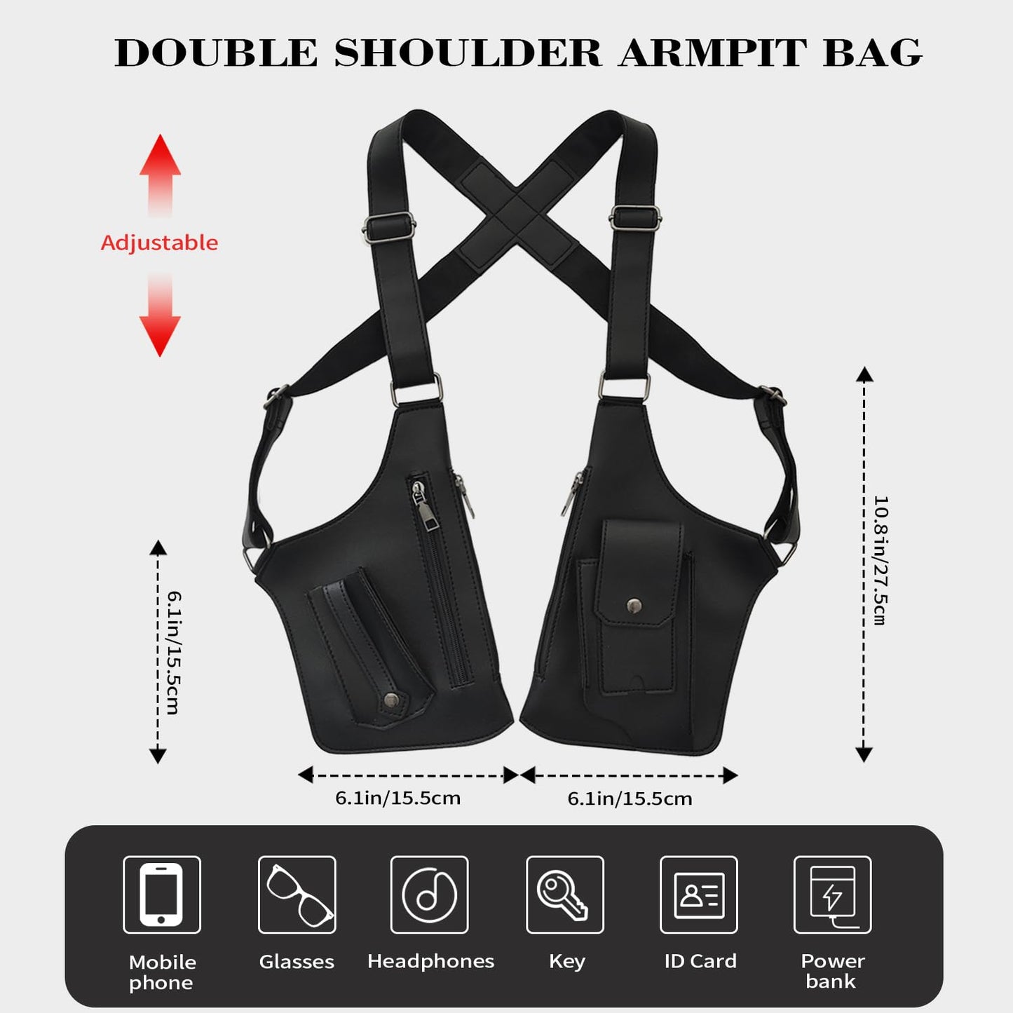 BELLPO Double Shoulder Armpit Bag for Men, Leather Shoulder Bag - Anti-Theft Underarm Wallet & Phone Pouch with Adjustable Strap, Hidden Chest Bag for Travel & Outdoor (Black)
