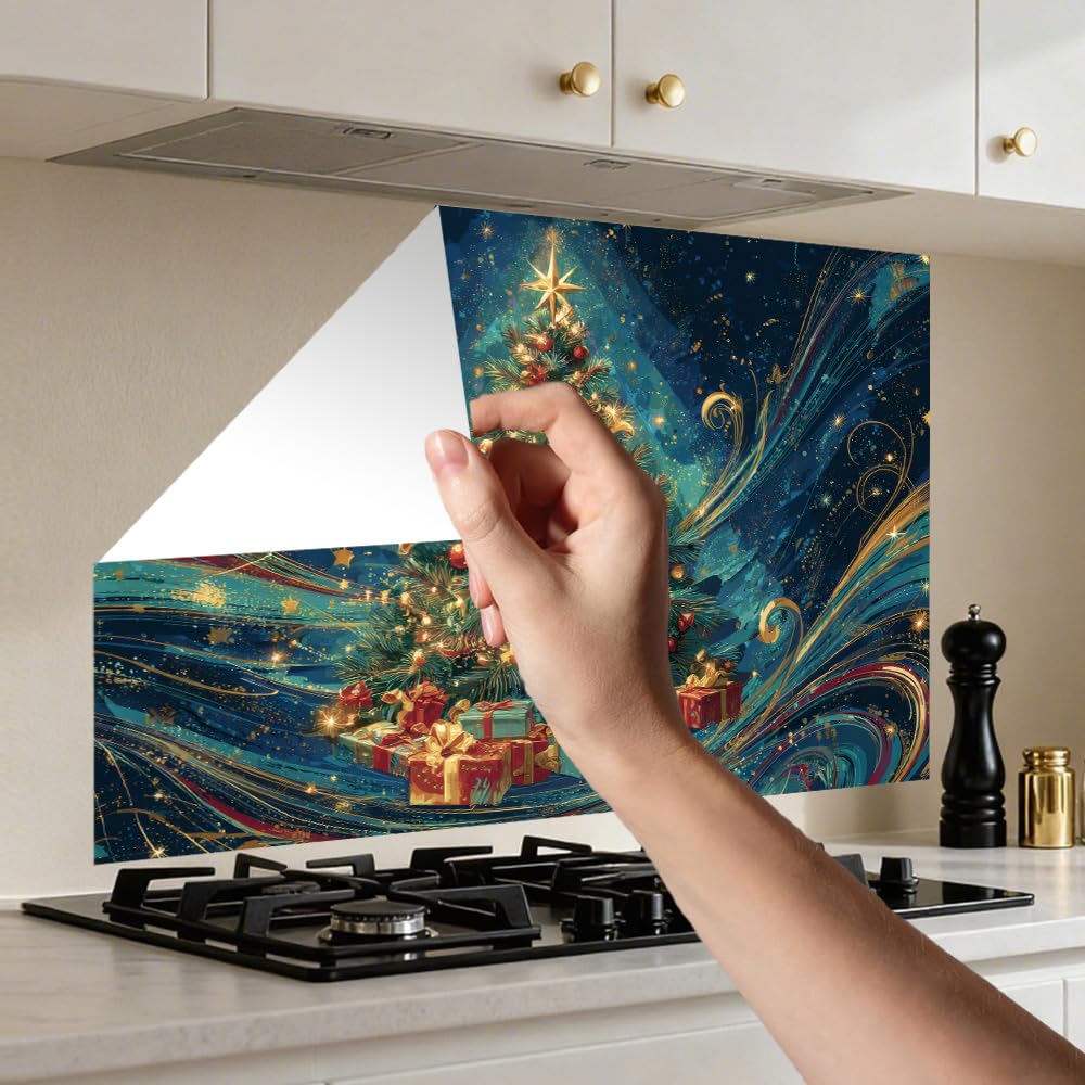 Kitchen Wall Decals 35.5x23.6 Inch Christmas Tree with Ornaments and Gift Boxes Golden Lights Peel and Stick Wall Stickers for Kitchen Living Room Holiday Home Decoration Removable