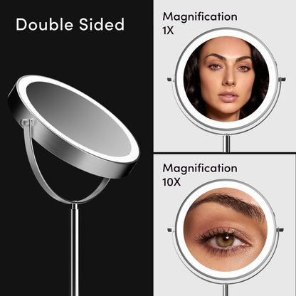 Fancii 9-Inch Lighted Makeup Mirror Height Adjustable with 10X /1X Magnification - Rechargeable, Double Sided LED Vanity Mirror with Light and Stand, 360° Swivel (Hailey)