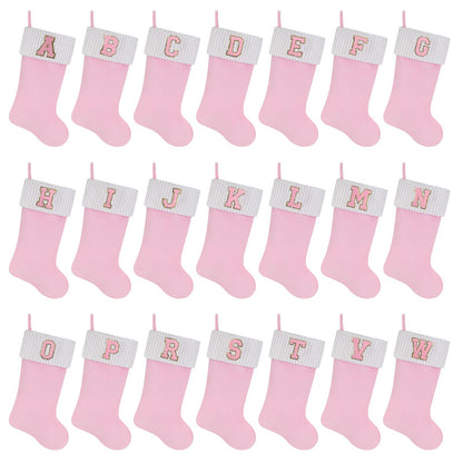 Shgngle 20 Inches Letter Embroidered Christmas Stocking,Personalized Pink Velvet Christmas Stocking,Family Holiday Decorations and Xmas Gift(H)