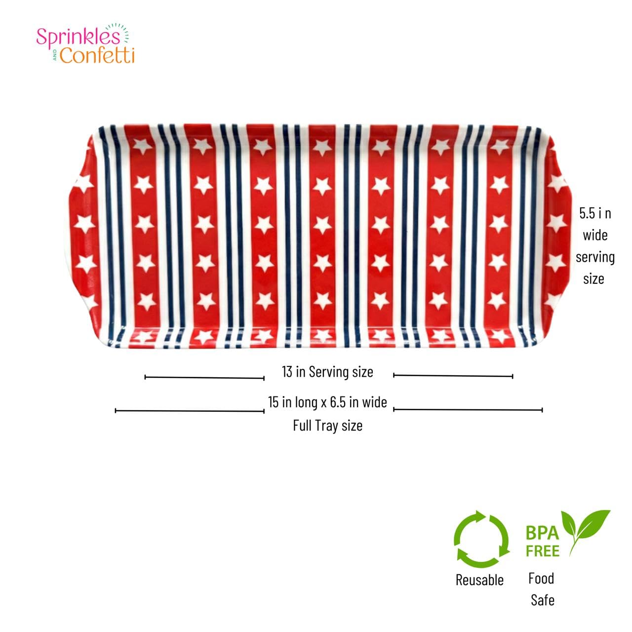 Sprinkles & Confetti Red White & Blue Stars & Stripes Melamine Serving Tray | The Go-to Patriotic Platter for 4th of July, Memorial Day, Summer Parties & Hosting | BPA-Free & Reusable
