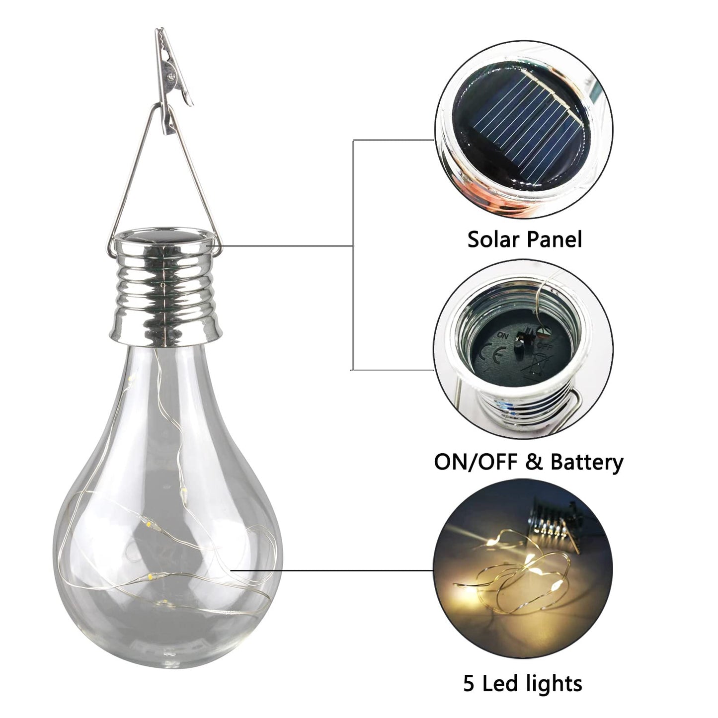 Solar Light Bulbs Outdoor Waterproof Garden Camping Hanging LED Light Lamp Bulb Globe Hanging Lights for Home Yard Christmas Party Holiday Decorations (6 Pack-Clear Bulbs)