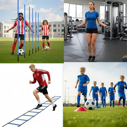 Soccer Agility Training Equipment Set - 6 Pro 59" Spliceable Agility Poles with Ground Spikes, 1 20ft Speed Ladder, 10 Soccer Cones, Jump Rope & Carry Bag for Youth Soccer & Football Drills (blue)