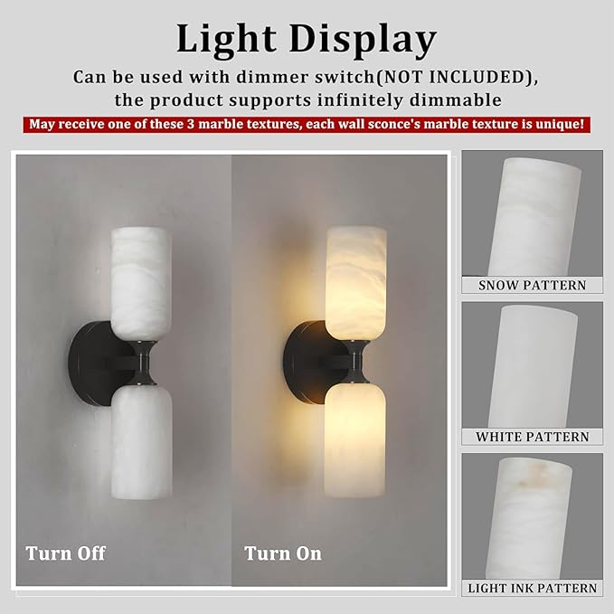 Alabaster Wall Sconce, 14in Modern Spanish Natural Marble Bathroom Vanity Sconces, Unique Indoor Black Wall Lighting Fixtures Decor for Bedroom Living Room Staircases