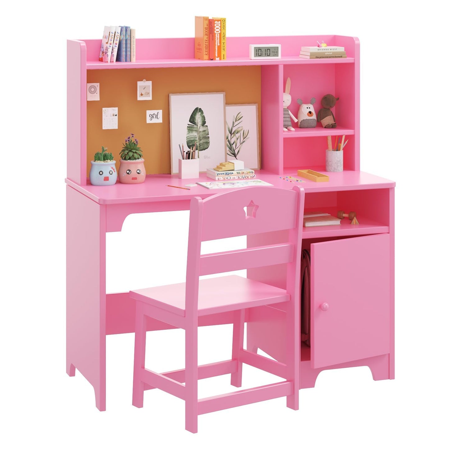 GAOMON Kids Desk & Chair Set with Hutch, Wooden Writing Table with Storage Cabinet for Kids Bedroom, Study Room, Computer Workstation, Pink