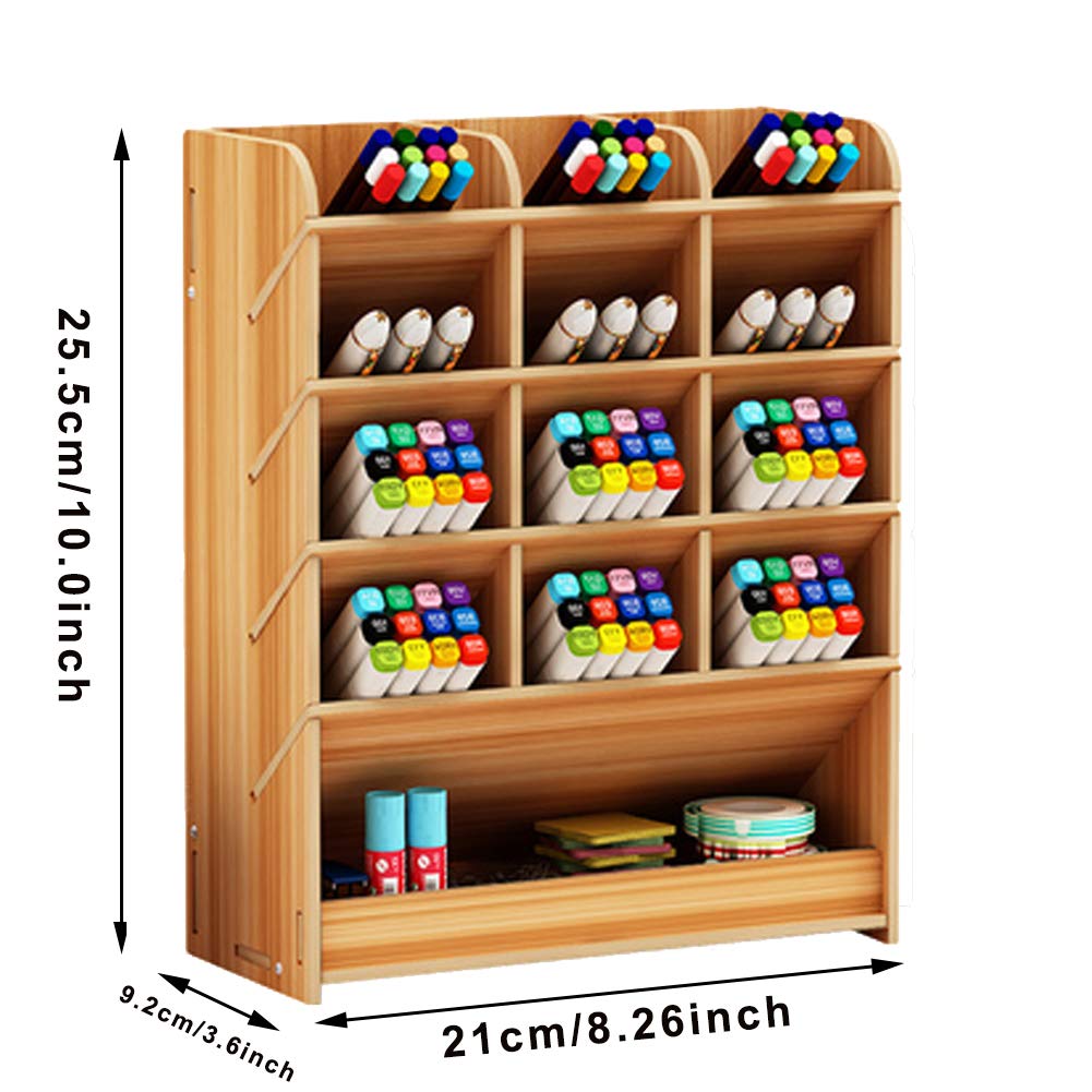 Marbrasse Wooden Pen Organizer, Multi-Functional DIY Pen Holder Box, Desktop Stationary, Easy Assembly, Home Office Art Supplies Organizer Storage with Drawer (B12-Cherry Color)