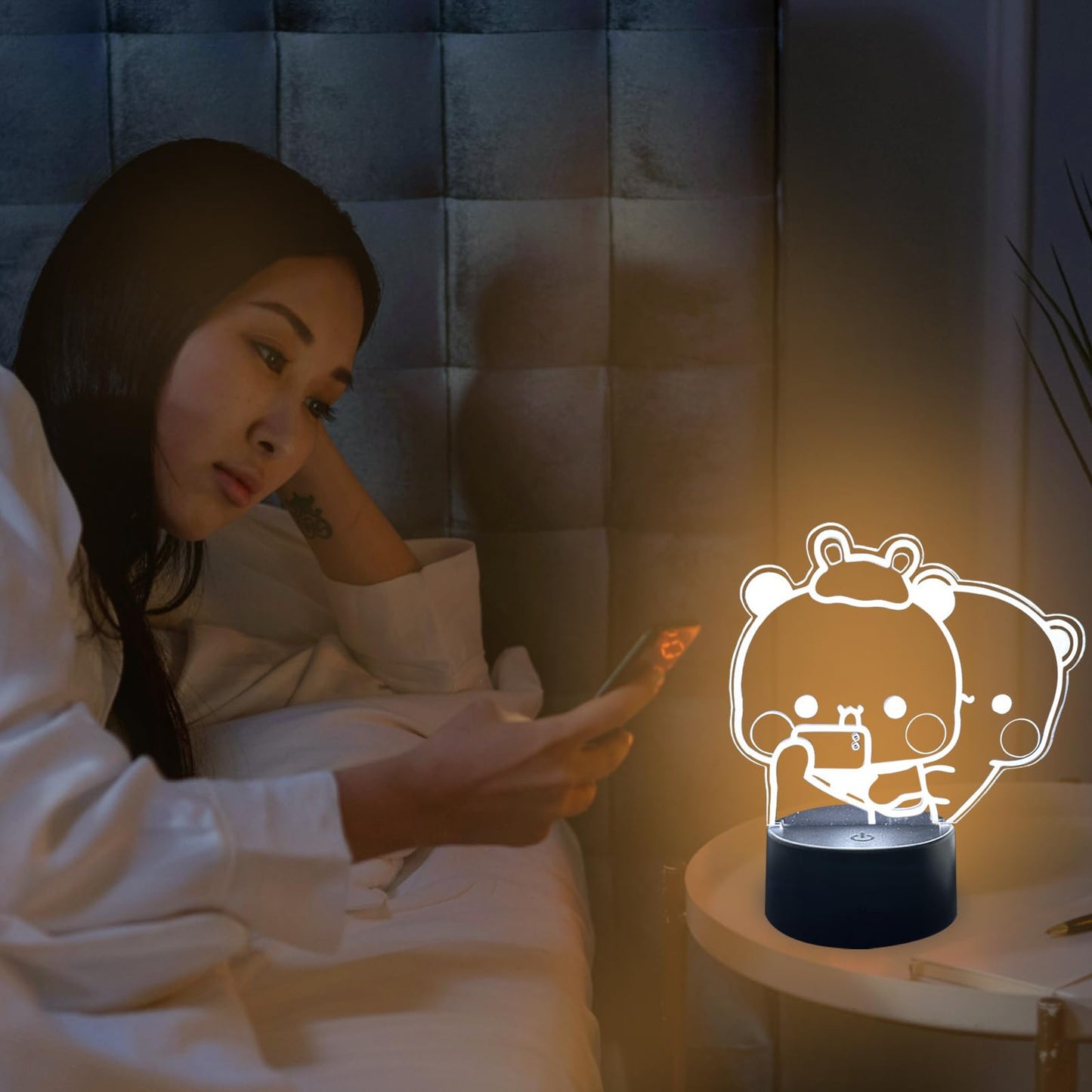 orakoliya 3D Night Light Bubuuu and Duduuu Gifts, Bear Shaped Table Lamp with Remote Control Gifts for Girls Birthday Christmas Valentine