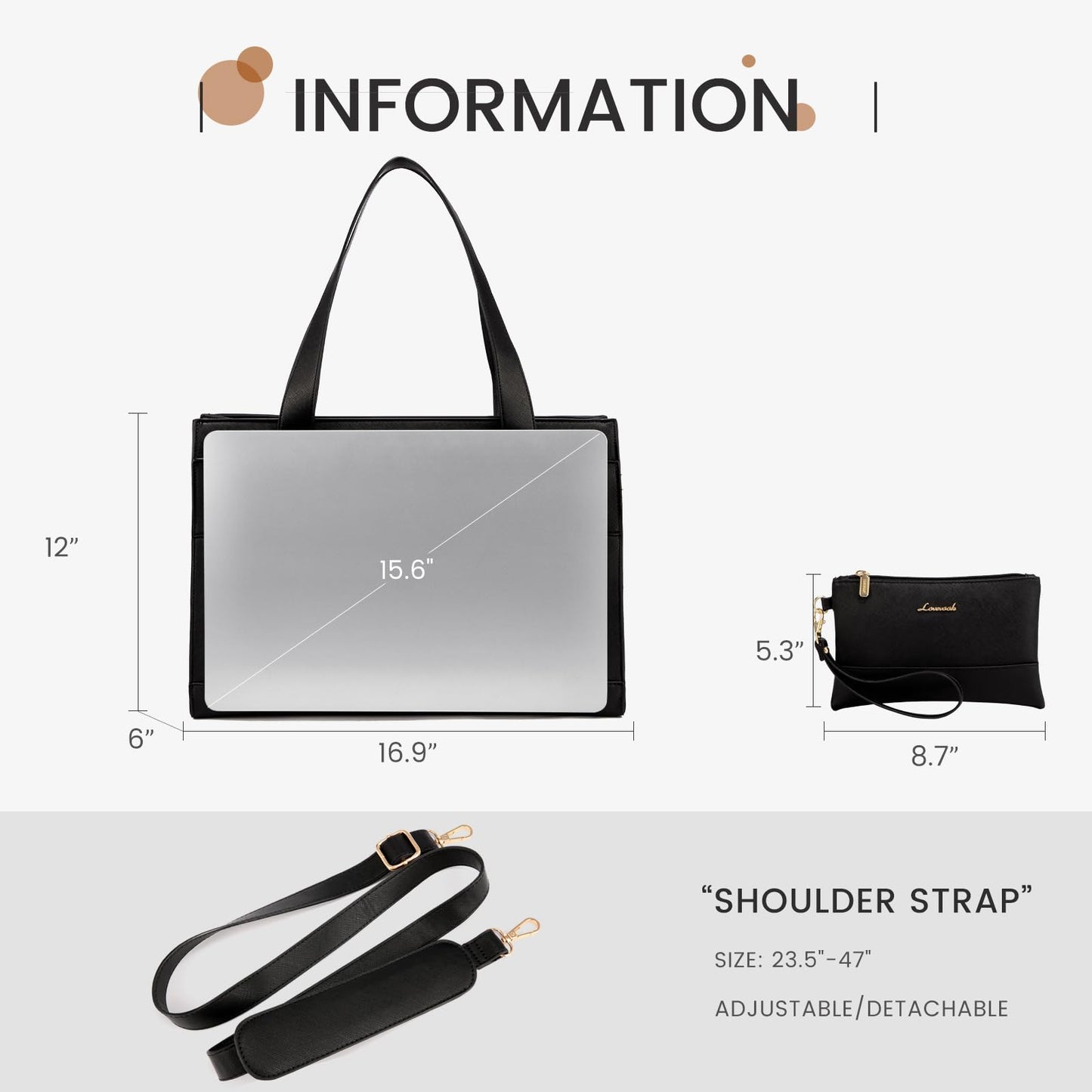 LOVEVOOK Laptop Tote for Women - 15.6 Inch Professional PU Leather Computer Briefcase, Waterproof Handbag, Large Capacity Business Teacher Office Bag, Crossbody Purse - Black