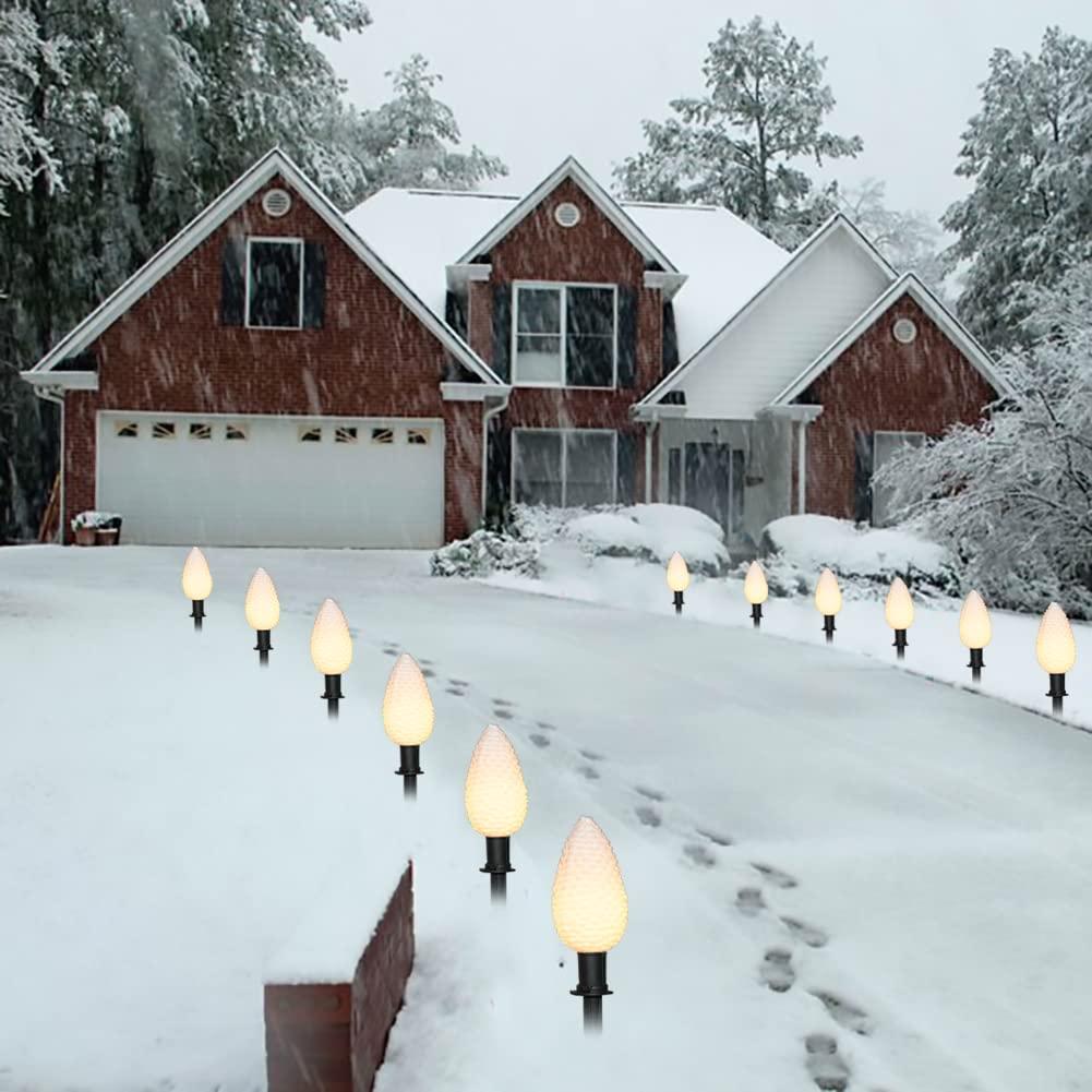 C9 Christmas Pinecone Path Marker Light,1 Pack 7 Ft Expandable Path Light String with 4 LED Pinecone Lights with 4 Stakes Waterproof Christmas Lawn Walkway Lane Marker Lighting Decoration, Green Wire