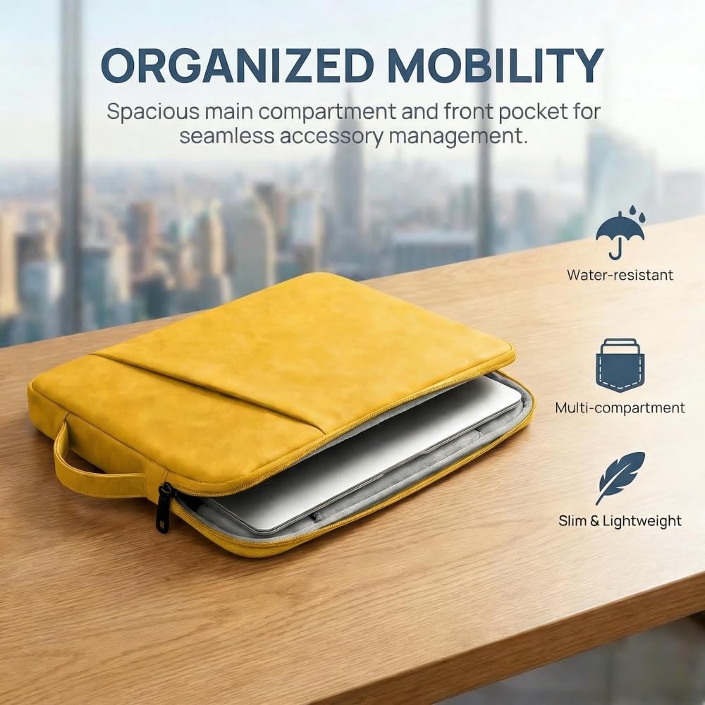 PU Leather Laptop Sleeve 14 inch, Slim Laptop Carrying Case Bag Computer Sleeve Cover Compatible with MacBook Air/Pro, HP, Dell, Lenovo, Asus(Yellow)