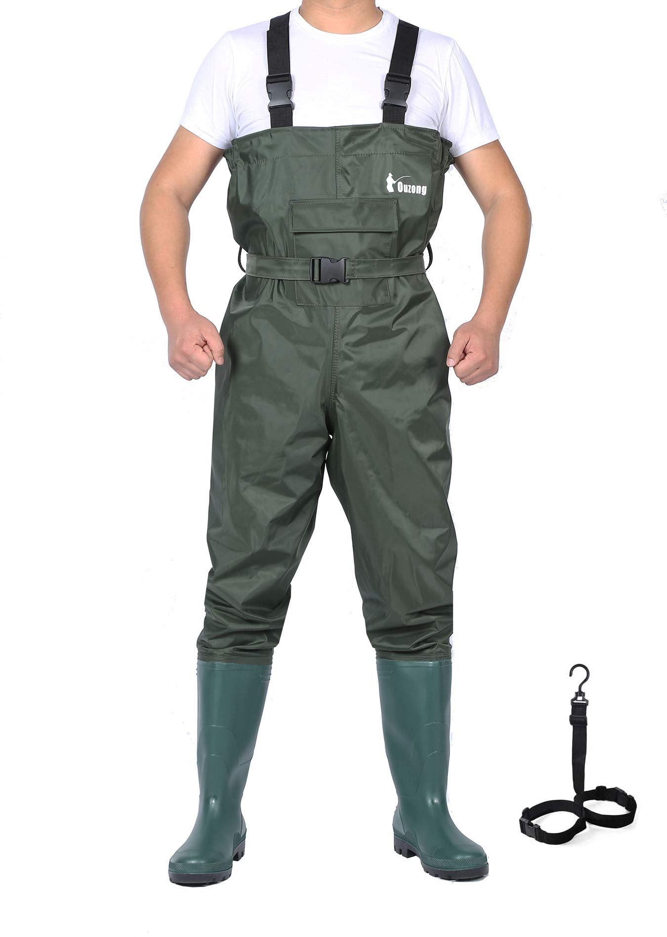 Ouzong Bootfoot Fishing Chest Waders for Men Women with Boots 2-Ply Nylon/PVC Waterproof Hunting Waders with Boots Hanger (Green-010)