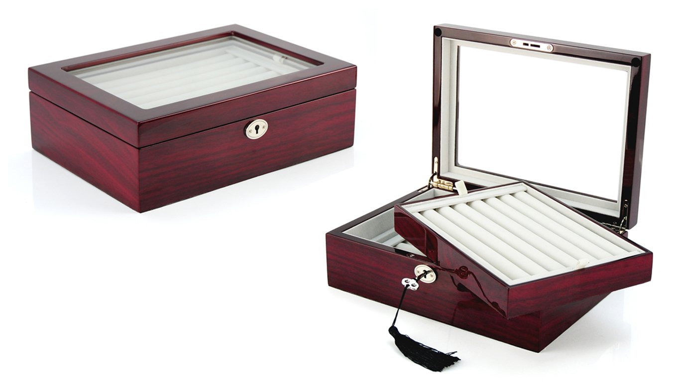 Deluxe Jewelry Cufflinks Collector's Storage Presentation Box Case Mahogany Double-Decker Gift
