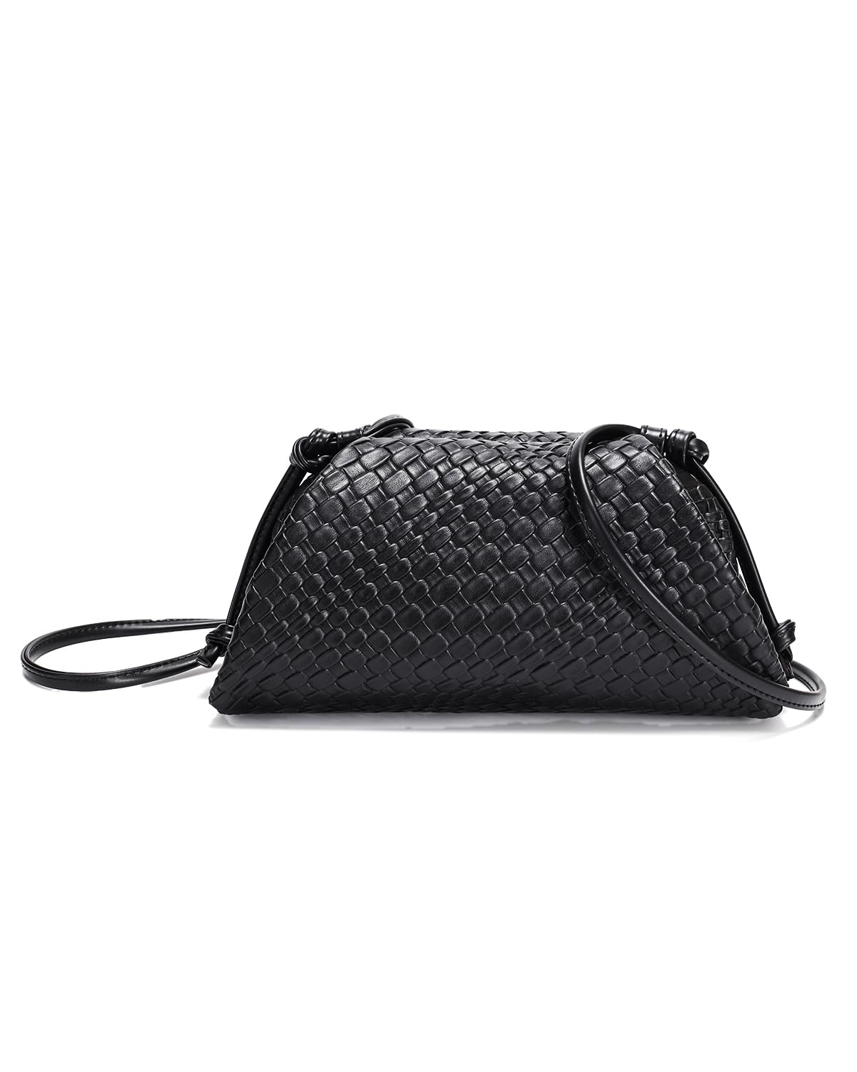 SUANNI Black Woven Vegan Leather Evening Bag, Dumpling Clutch Purse for Women, Shoulder Crossbody Bags with Adjustable & Detachable Strap, Clasp Closure Handbag for Party Wedding Weekends