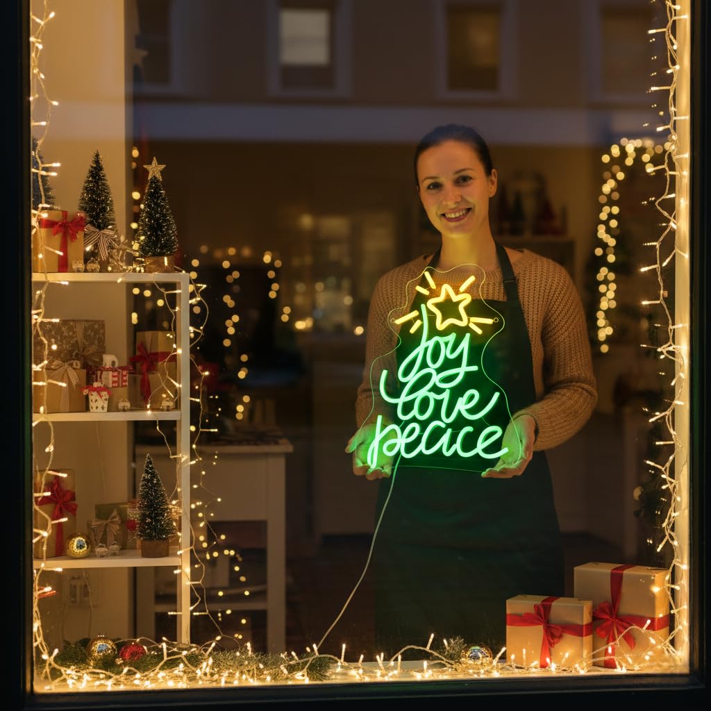 Christmas Tree Neon Sign, Xmas Trees Peace Love Joy Christmas Decoration, USB Powered Led Merry Christmas Neon Light Up Sign for Wall Decor, Xmas Led Sign for Home Holiday Gift New Year Party Backdrop