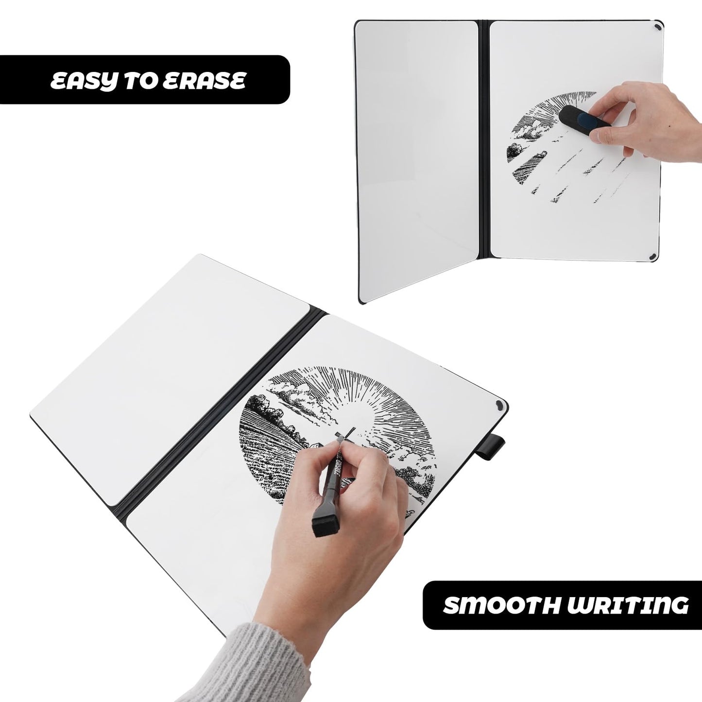 Portable White Board Small Dry Erase Board, 9" x 12" Double Sided Folding Whiteboards with 3 Pens, A4 Reusable Notebook with Storage Mesh Bag for Study, Meeting, Draft, Notes, Doodling