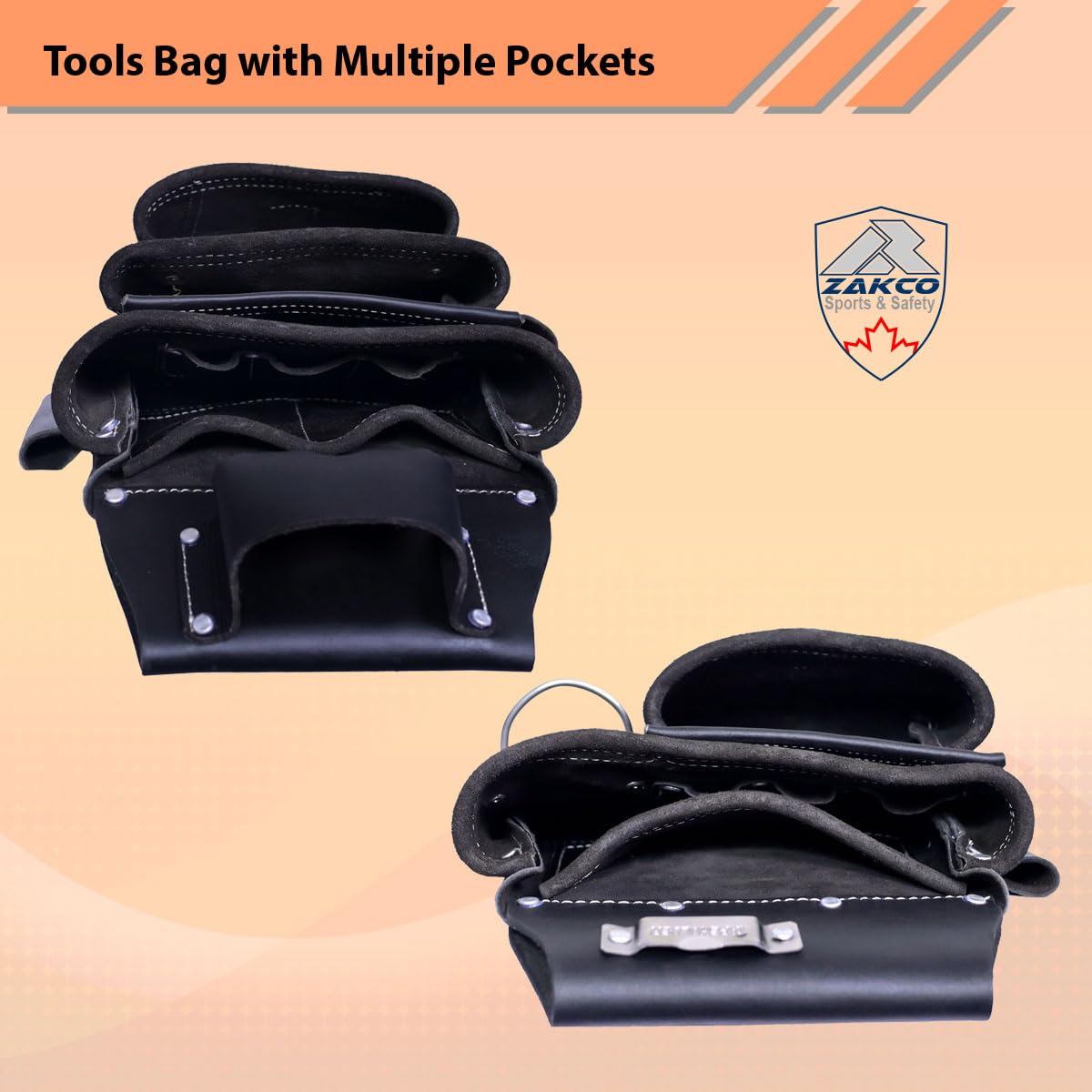 ZAKCO PRO-19 Genuine Grain Leather Multi Pockets Construction Tool Rig, Carpenter Tool Belt, 2 Leather Tool Pouches, Pro Style Tool Belt for Framers, Handyman, Drywall & Roofers (BLACK, Full Size)