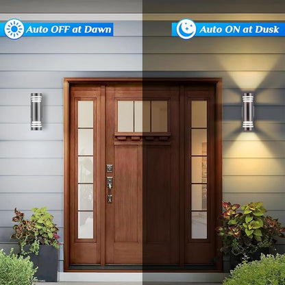SHIMR Modern Outdoor Wall Lights Dusk to Dawn 2 Pack, Exterior Lighting Fixtures Stainless Steel with Brushed Nickel Finsh, Waterproof Up and Down Outside Lights for House, LED Bulbs Include