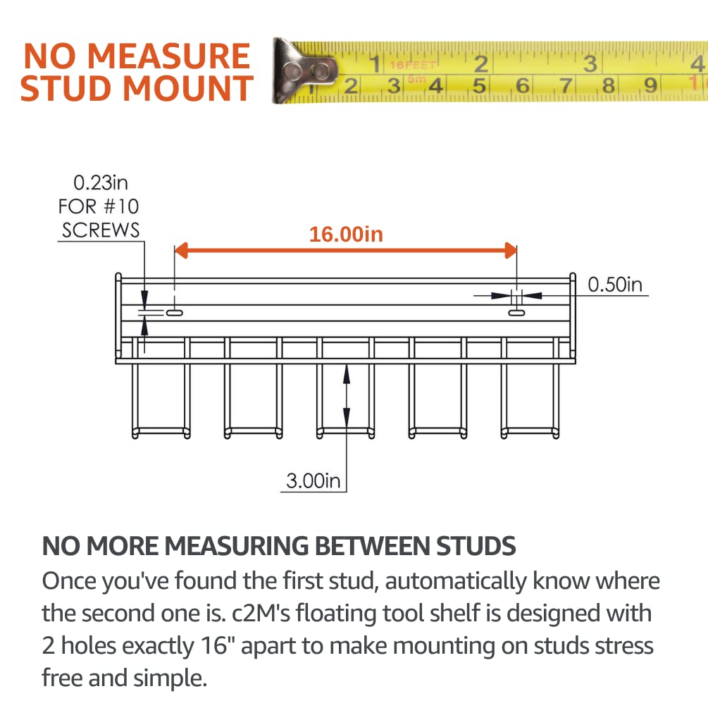 C2M Heavy Duty Floating Tool Shelf & Organizer | Wall Mounted Garage Storage Rack for Handheld & Power Tools | USA Made, 100# Weight Limit, Compact Steel Design | Perfect for Father's Day | Black