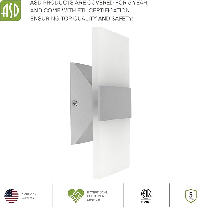 ASD 8 Inch LED Indoor Wall Sconce - Modern Interior 10W 120V 2700K-5000K Adjustable Dimmable Wall Mounted Light Fixtures, Acrylic Glass Wall Lights for Stairway, Hallway - ETL, Brushed Nickel