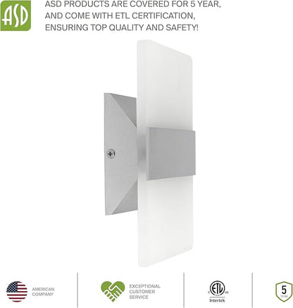 ASD 8 Inch LED Indoor Wall Sconce - Modern Interior 10W 120V 2700K-5000K Adjustable Dimmable Wall Mounted Light Fixtures, Acrylic Glass Wall Lights for Stairway, Hallway - ETL, Brushed Nickel 2 Pack