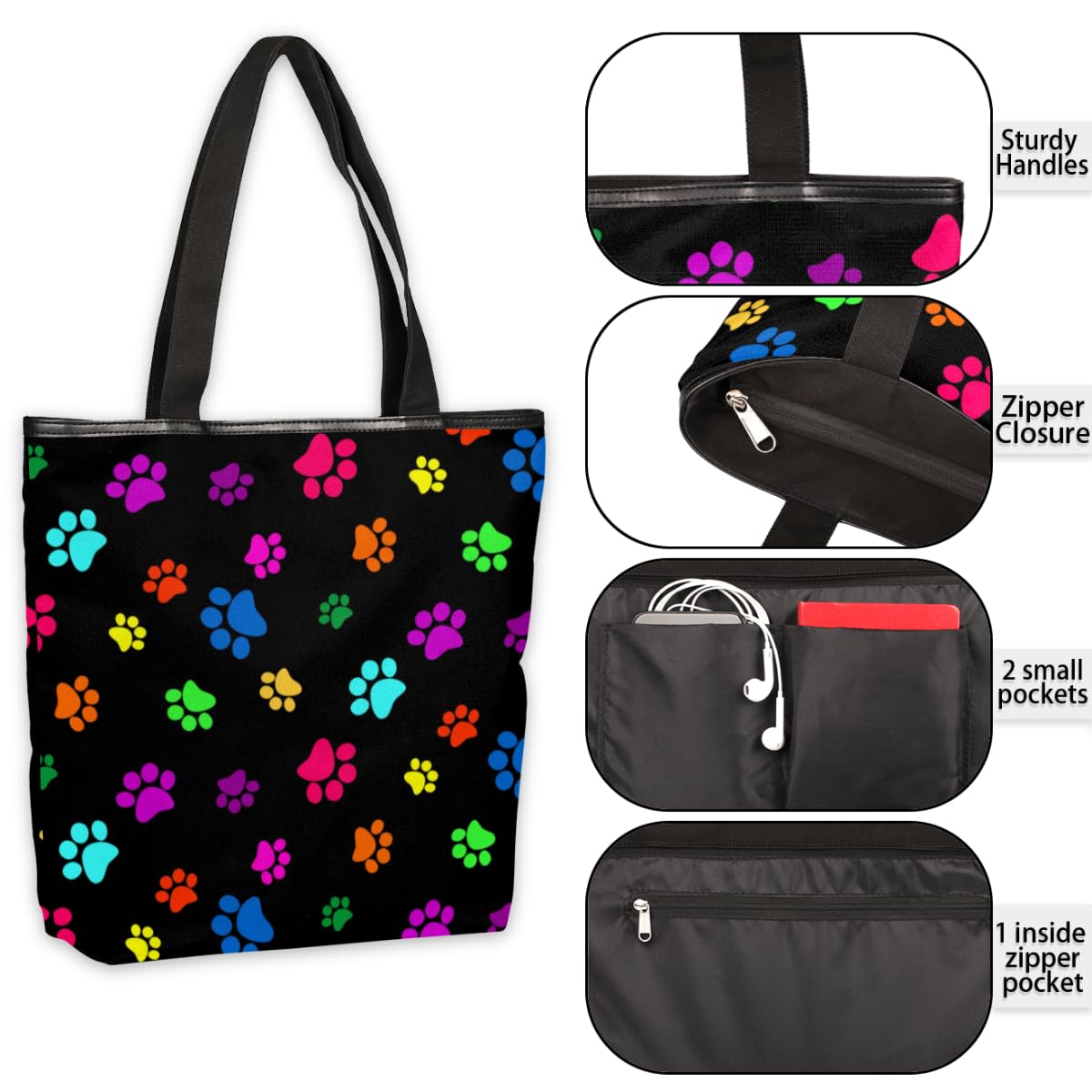 KOBLEN Dog Paw Print Canvas Tote Bag Reusable Grocery Shopping Bags for Women Beach Travel Storage Handbag with Zipper Portable Shoulder Bag