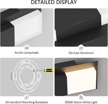 12inches Modern Outdoor Led Wall Light,30W 3000K Porch & Patio Hardwired Sconces with White Clear Acrylic Lampshade,IP65 Waterproof Aluminum Wall Lamp for Garage House Exterior(Black,2Pack)