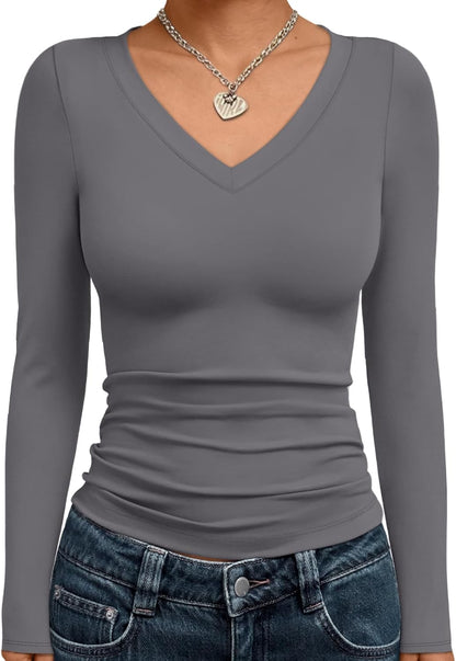 Trendy Queen Long Sleeve Shirts for Women 2025 Fall Fashion V Neck Basics Crop Tops Slim Fitted Y2K Tops Outfits Clothes