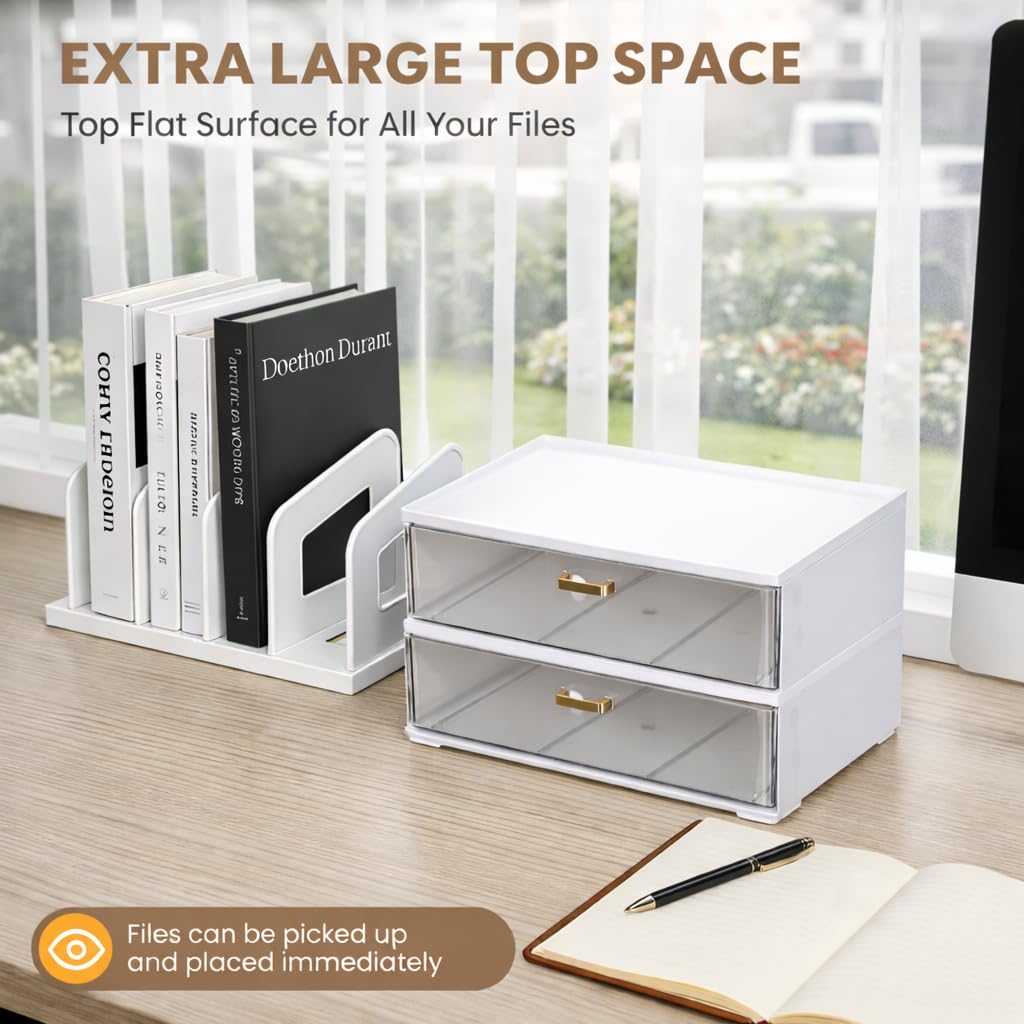 LALOBLUE White Acrylic Desk Organizer with Drawer & File Holder, Stackable Modular Storage System, Multi-Layer Desktop Organizer, Space Saving Desk Organizer for Home Office & Study