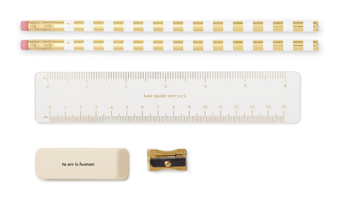 kate spade new york Pen and Pencil Case with Office Supplies, Zip Pouch Includes 2 Pencils, Sharpener, Eraser, and Ruler, Polka Dots (black/white)