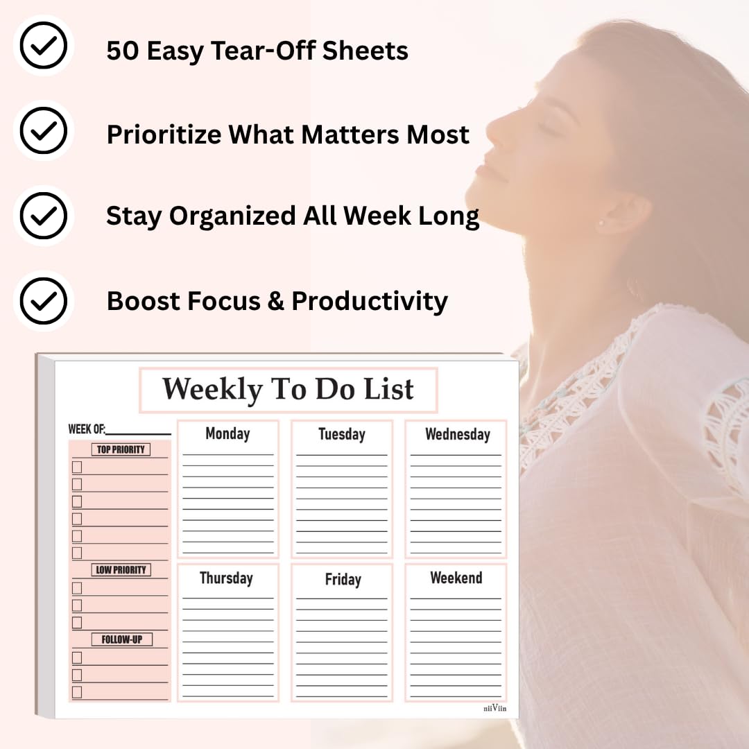 NIIVIIN Weekly To Do List Notepad - Weekly Planner Notepad, ADHD Planner for Adults, 50 Tear-Off 8.5" x 11" Sheets, Extra Thick Backing