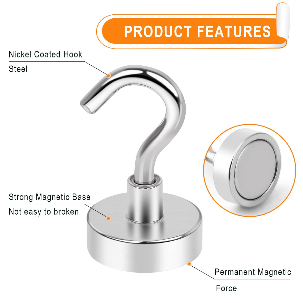 MIKEDE N52 Magnetic Hooks, Silver, 6 Pack