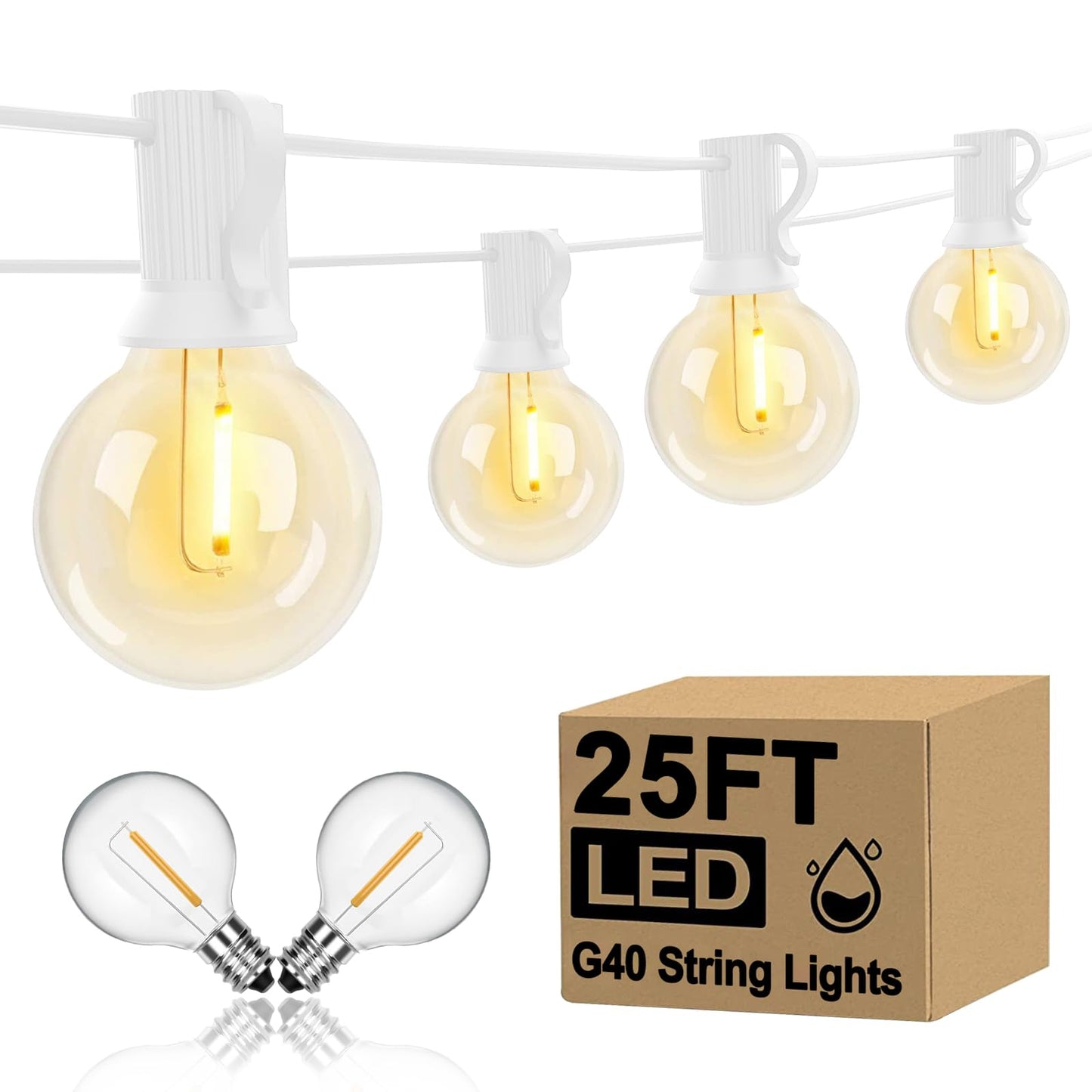 25Ft LED Outdoor String Lights, G40 Globe Patio String Lights Waterproof with 27 Shatterproof Bulbs(2 Spare), Connectable Hanging Outdoor Lights for Backyard Garden Bistro Wedding Party Decor, White