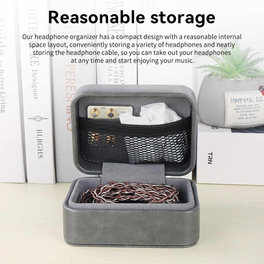 TRN-MAG IEM Earbud Case,PU Leather Wired Earbuds Case with Clip，3.7 * 2.8 * 1.9 in Earphone Case,Earpods Case Gray