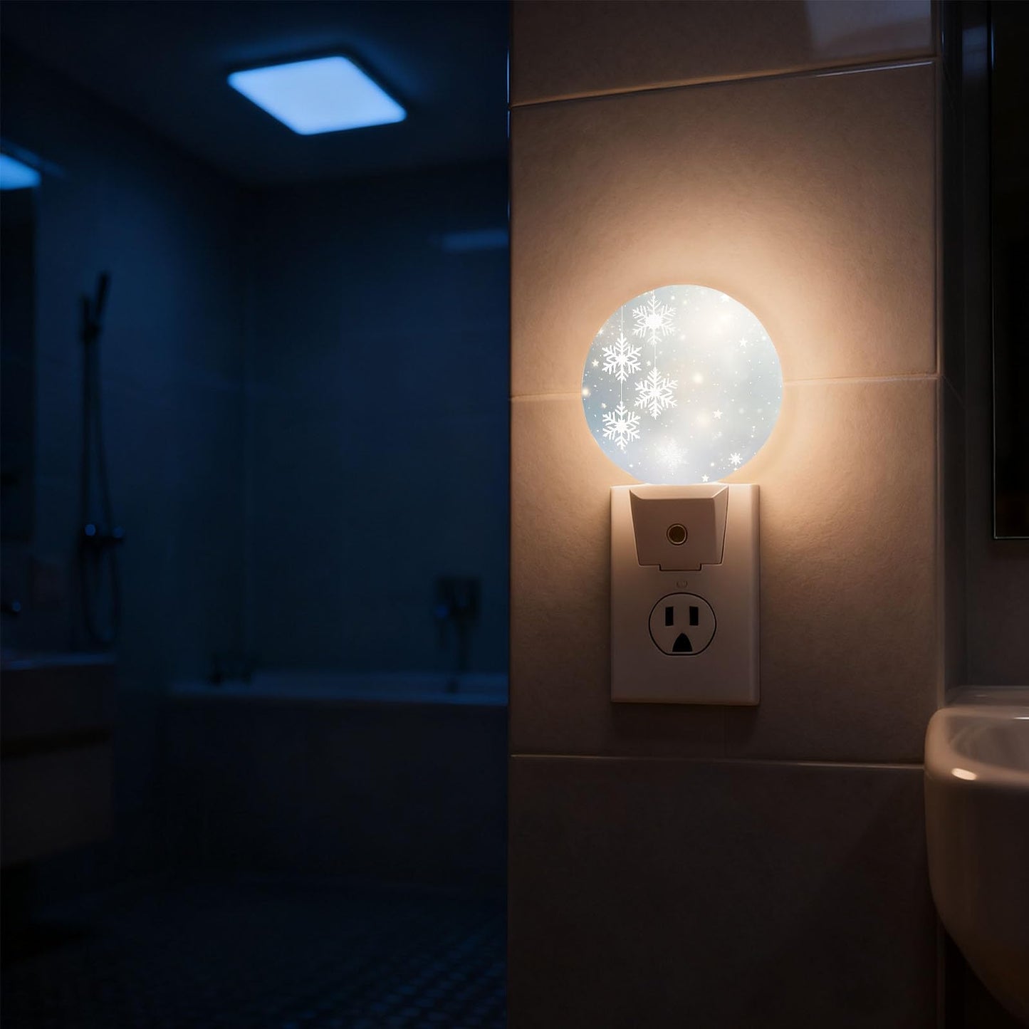 Mugod Winter Snowflake and Starry Scene Plug-in Nightlights Merry Christmas Night Light Plug into Wall with Dusk-to-Dawn Sensor LED Lighting 0.5W Sleep-Friendly