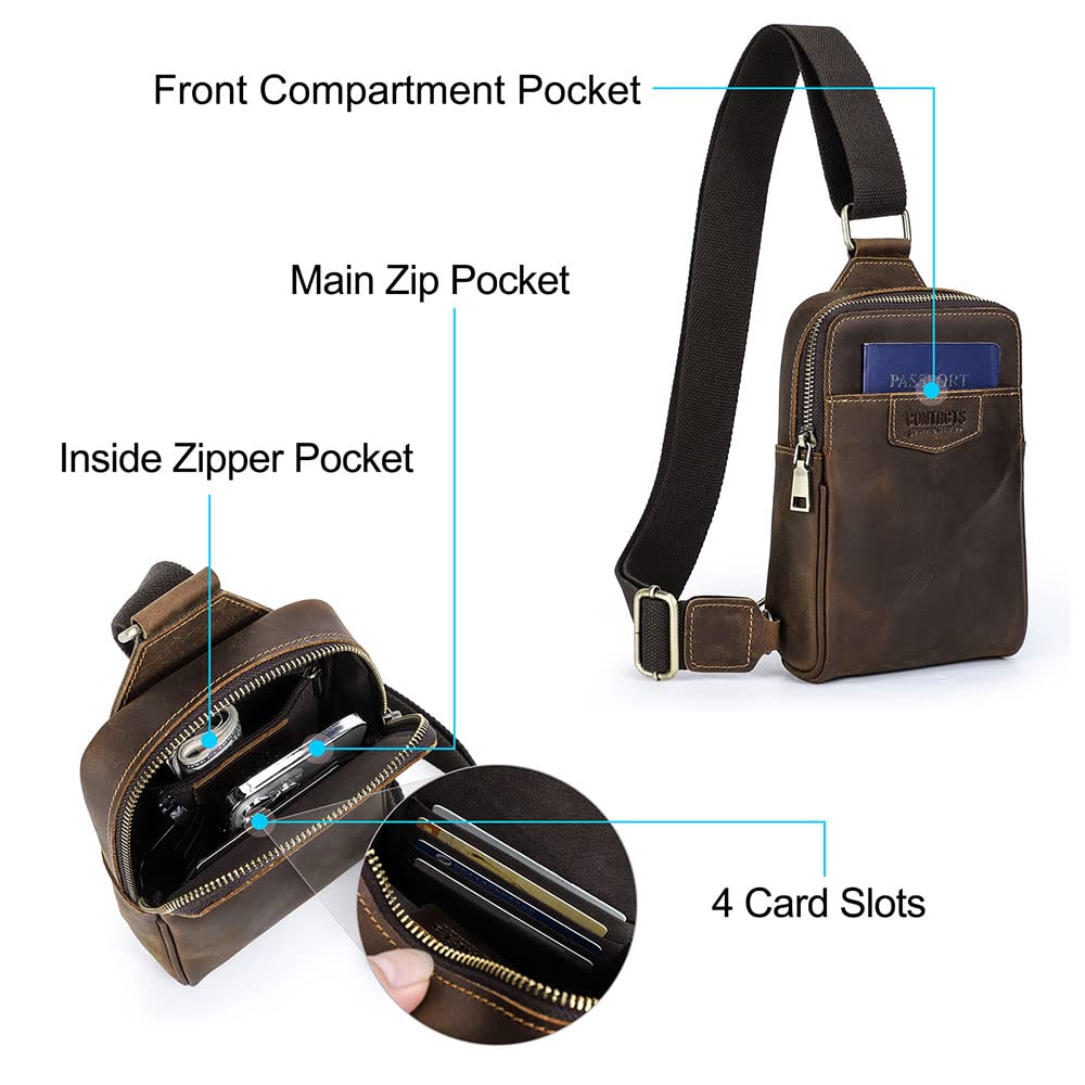 CONTACTS Full Grain Leather Sling Bag for Men Small Crossbody Chest Bag Casual Shoulder Daypack Travel Phone Purse Side Bag