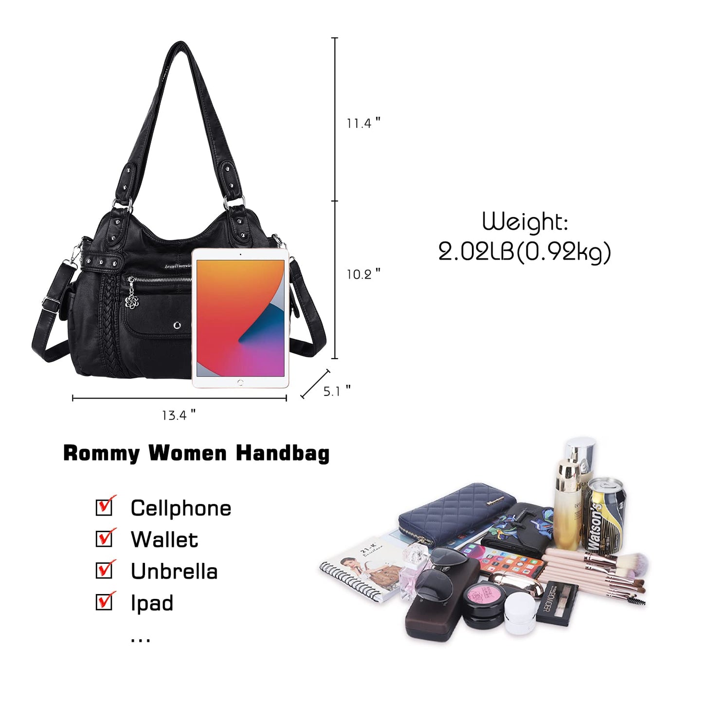 Angel Barcelo Large Purses for Women Soft PU Leather Hobo Bag for Women Shoulder Bag Black
