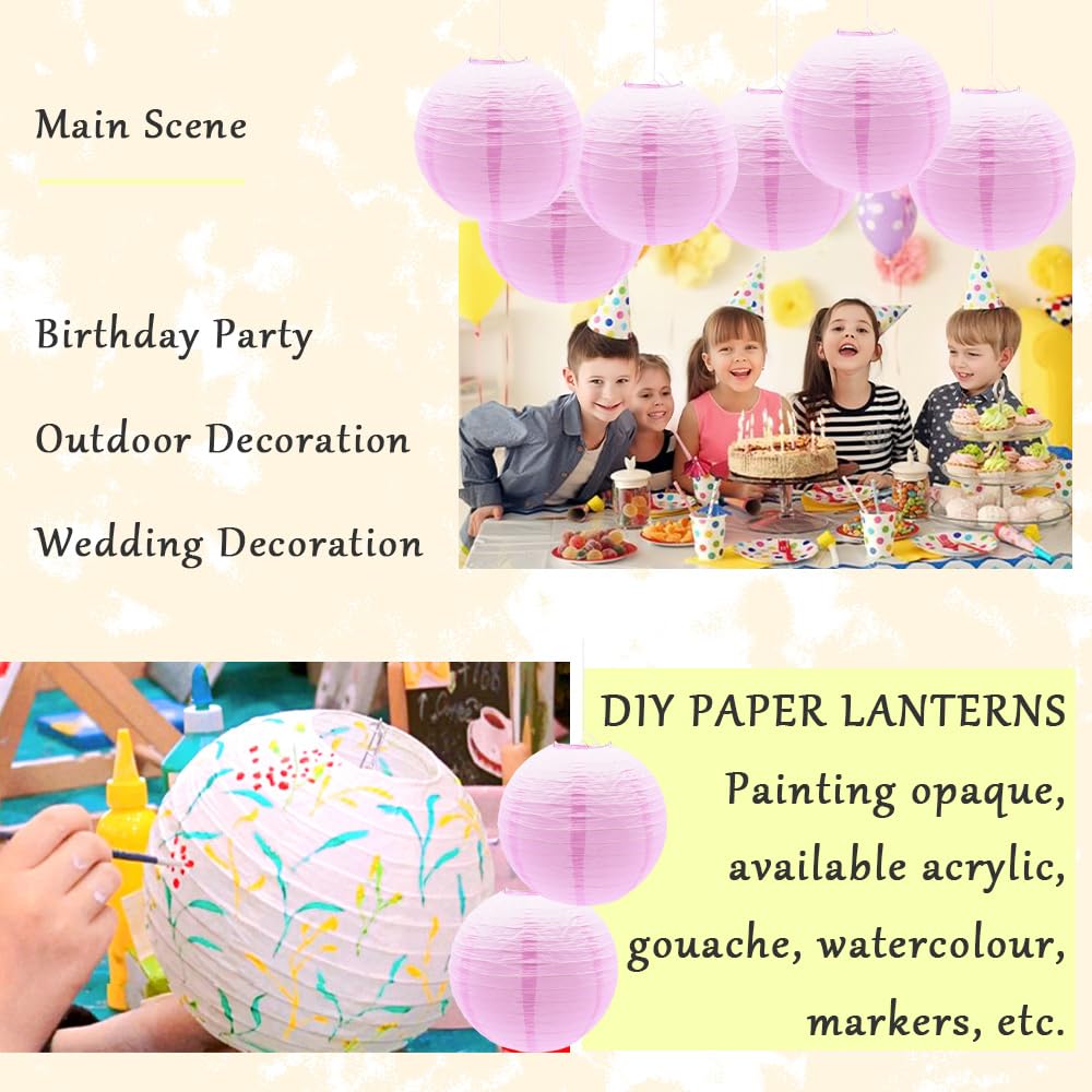 Ruidee 6Pcs Paper Lanterns Decorative Round Hanging Paper Lanterns for Birthday, Wedding, Christmas Xmas, Bridal, Home Decor, Party Decoration（12in/Pink）