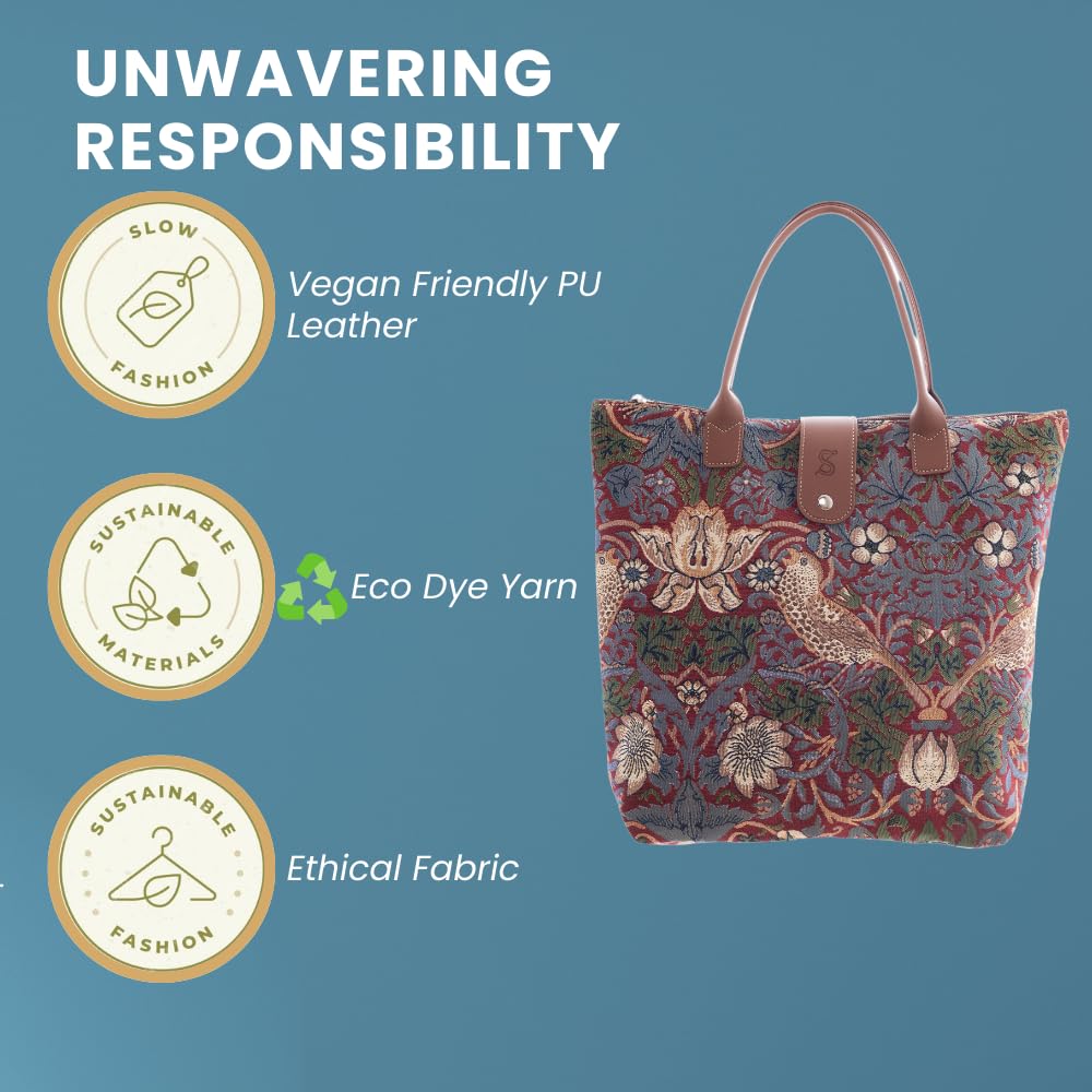 Signare Tapestry Foldable Tote Bag Reusable Shopping Bag Grocery Bag With William Morris Red Strawberry Thief Design (FDAW-STRD)