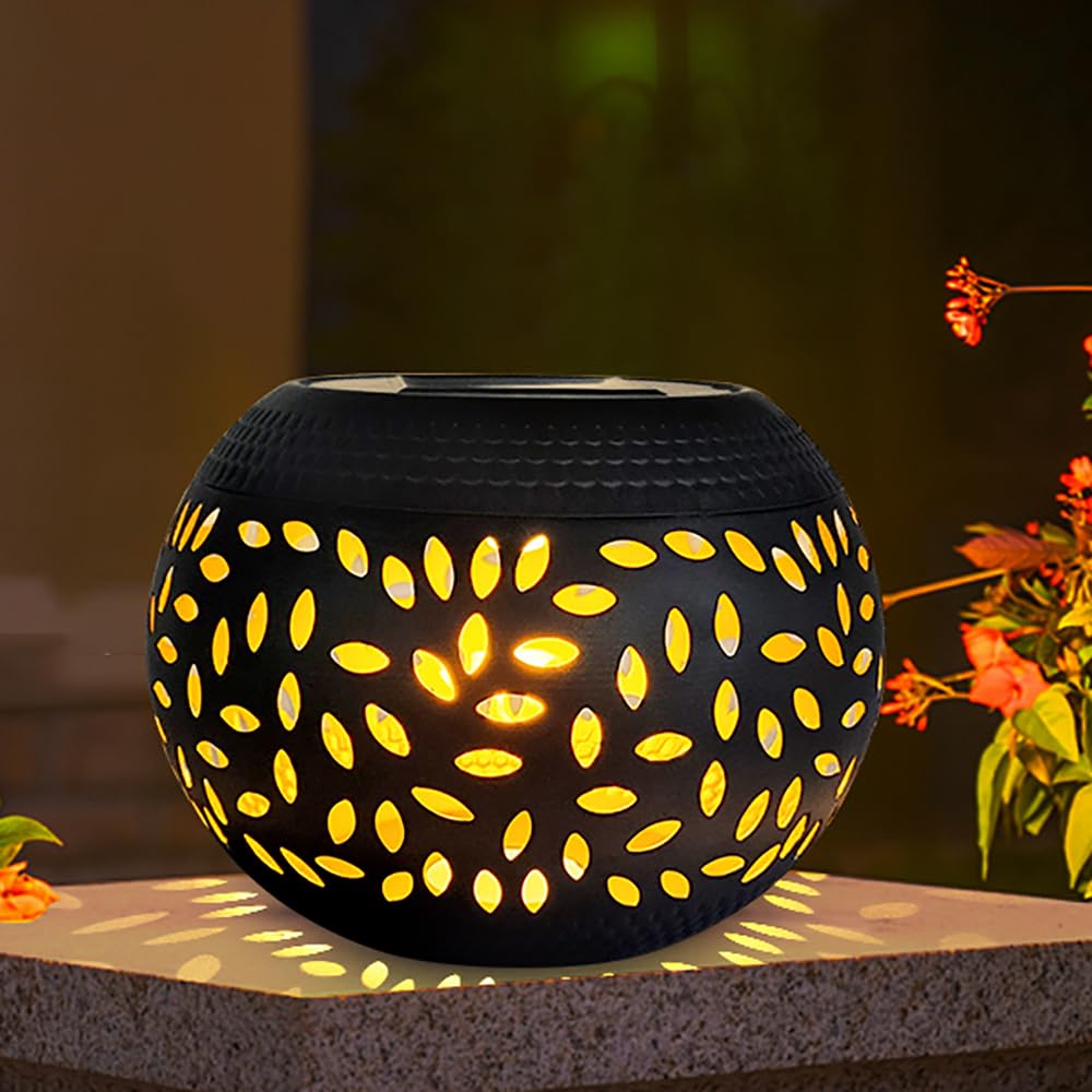 Solar Table Light Outdoor Waterproof- Solar Powered LED Lantern Hollowed-Out Black Metal Desktop Decorative Lamp for Indoor Desk Bedroom Patio Garden Pathway Yard