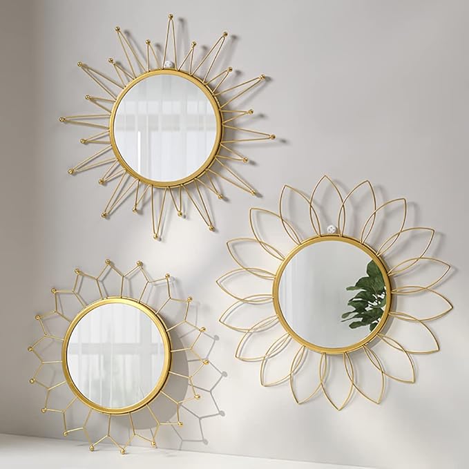 Gold Mirrors for Wall - Metal Sunburst Wall Mirror Room Decor & Home Decor, Boho Mirror Wall Decor Gifts for Women & Moms (Medium, Flower)