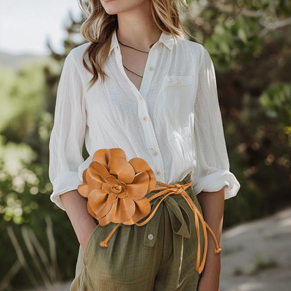 CALFOVERA 0.3 Inch Big Flower Decor Skinny Waistband Brown Boho Flower PU Leather Waist Belt Thin Elegantes Belts Slim Leather Rope Tassel Waist Strap Band for Women Dress Shirts Wedding