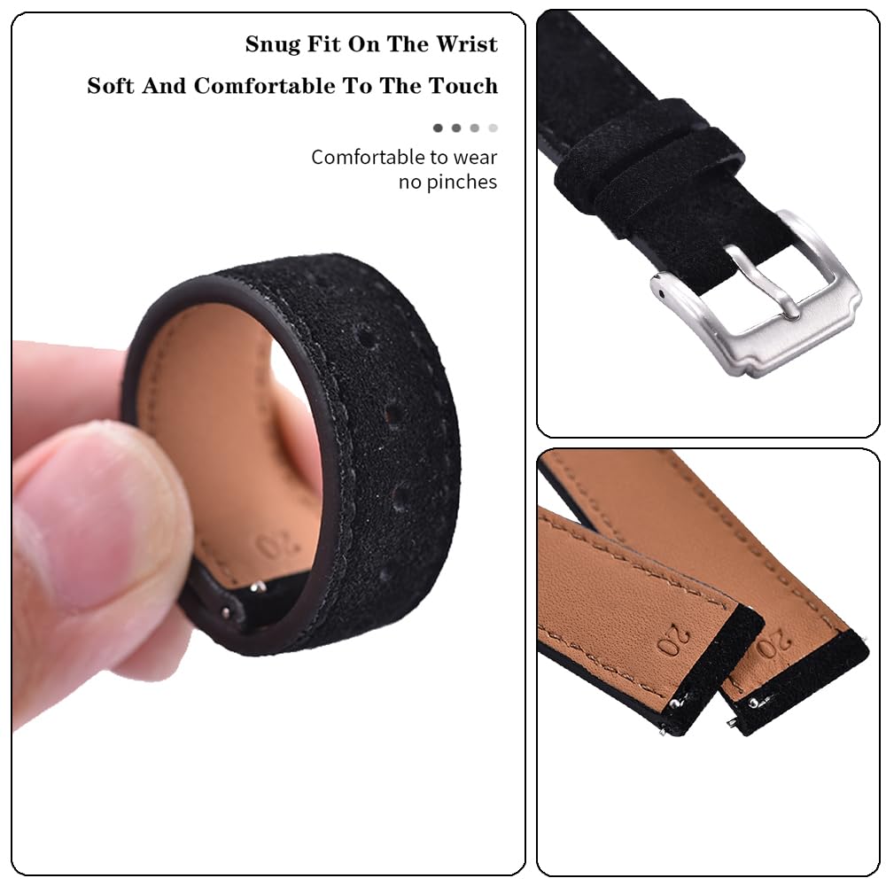 JWNSPA Unisex 18mm 19mm 20mm 22mm Super Soft Suede Leather Watch Band Quick Release Lightweight Watch Strap (Black, 18mm)