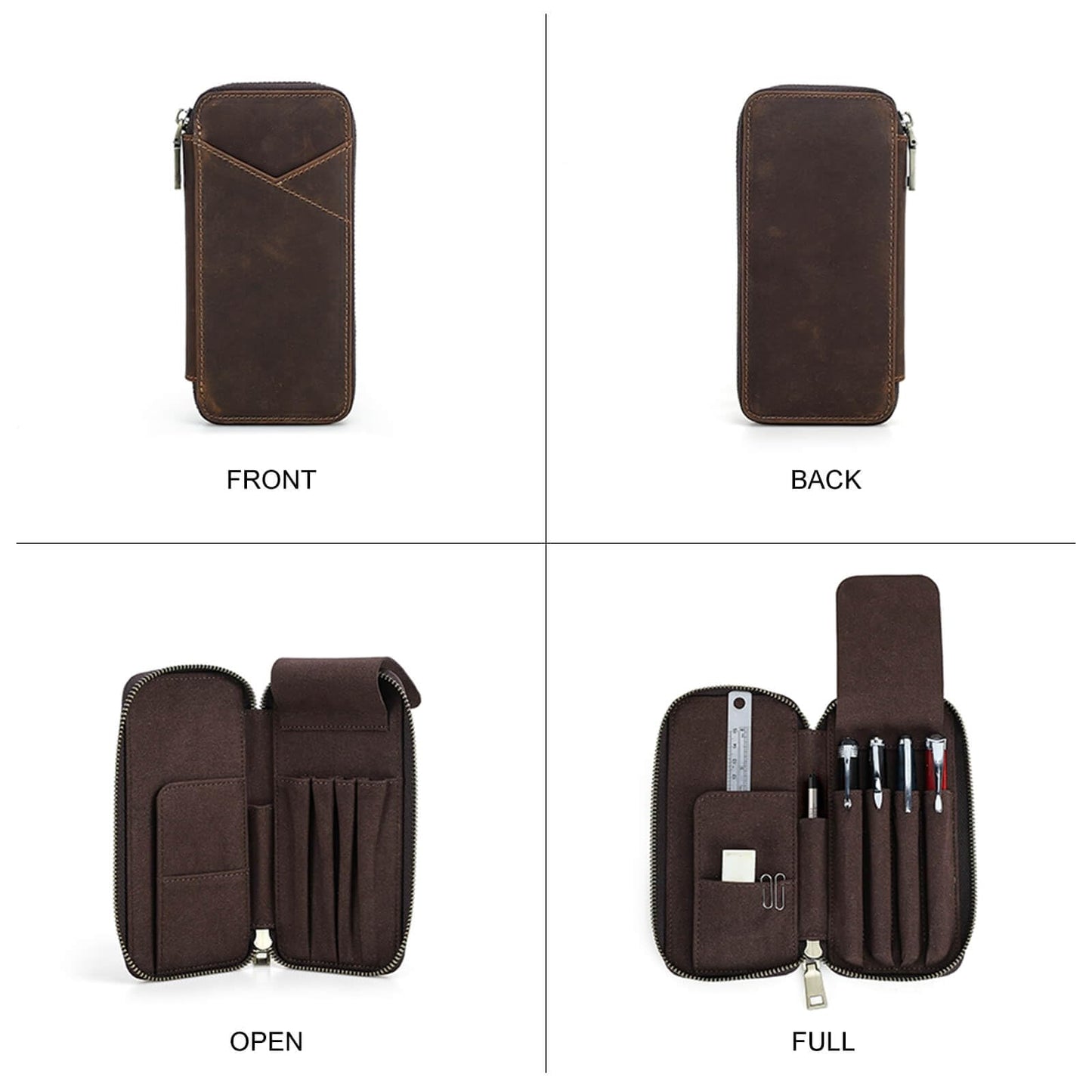 Hiram Handmade 4-Pen Case, Triple-Zip Crazy-Horse Leather Pouch with Microfiber Suede Lining, Heart-Stamped, Fountain/Ballpoint Box, Vintage Executive Stationery Storage(Coffee)