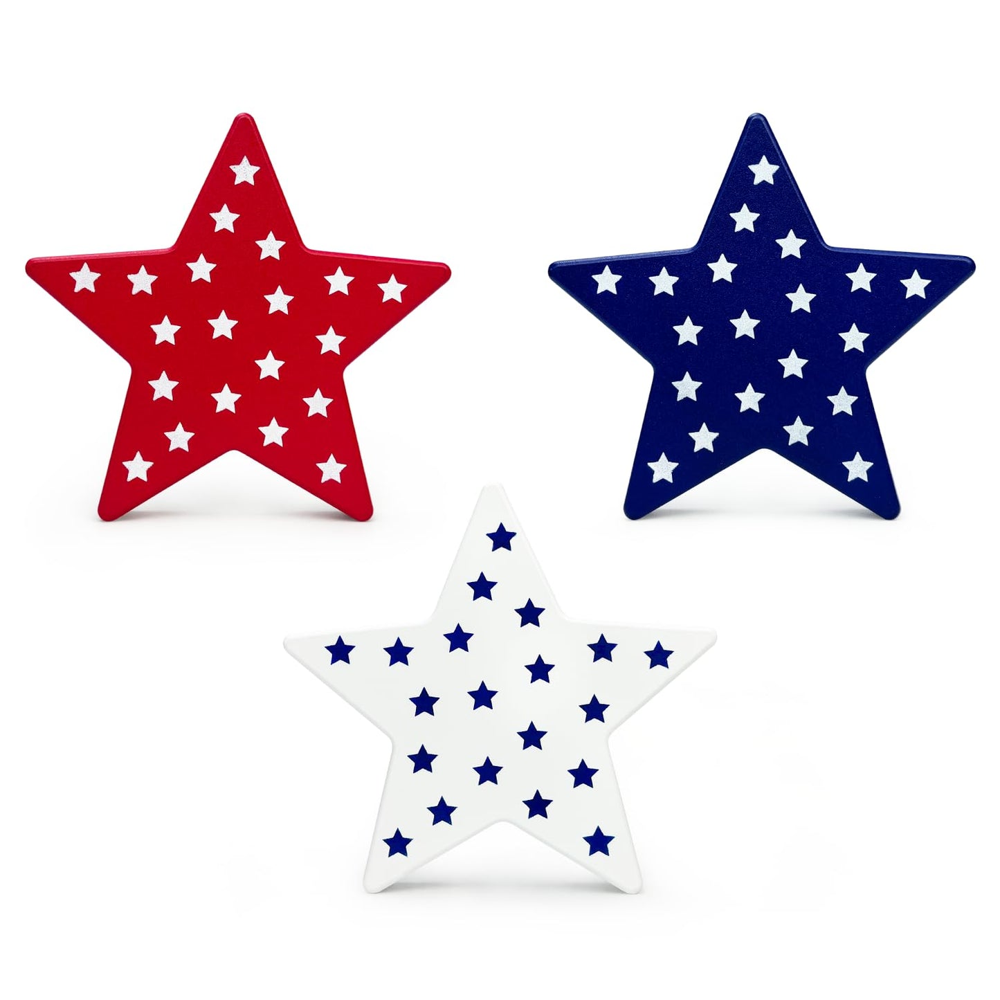 4th of July Table Decorations 3 PCS, Fourth of July Red White Blue Wooden Star Decor Centerpiece for Indoor Home, 250th Anniversary Memorial Day Patriotic Gift Sign for Mantel Office Tiered Tray Party