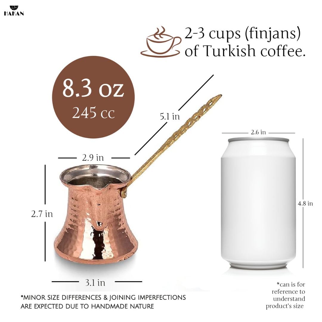 Hakan Turkish Coffee Pot | Stove Top Water Boiler, Coffee Maker, Butter, Chocolate & Milk Warmer | Even and Quick Heat with Handcrafted Copper Material | Coffee Gifts Idea, 8.3 Oz (245 cc)