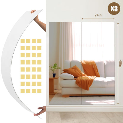 Briwooody 3 Pcs Home Gym Mirror 48'' x 24'' Large Frameless Full Length Body Mirror Acrylic Wall Mounted for Yoga, Home Gym, Fitness, Workout, Bedroom, Garage, Dance Studio