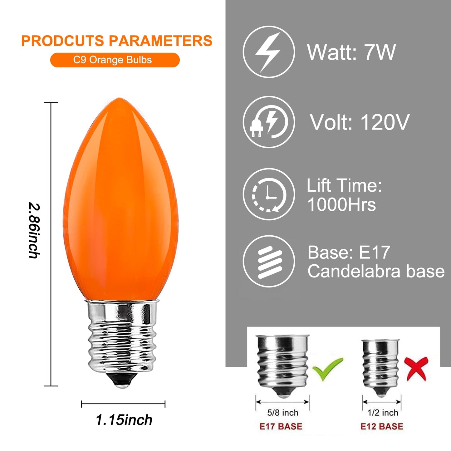 Abeja 25 Pack C9 Halloween Replacement Light Bulbs, Orange Ceramic Christmas Lights for Halloween Outdoor Patio Indoor Xmas String Lights, C9/E12 Candelabra Base, 7 Watt, Orange