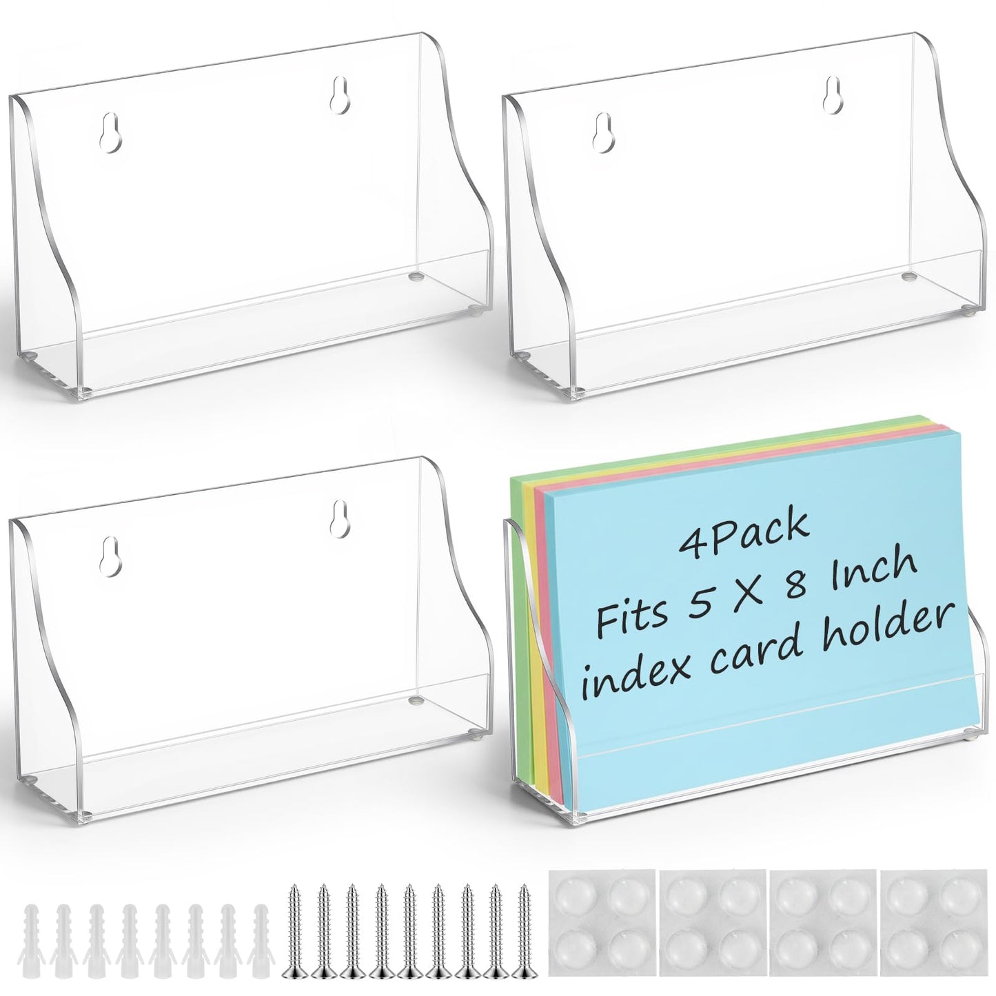 Dunzoom 4 Pack 5x8 Index Card Holder, 2-in-1 Desk & Wall Mounted Acrylic Index Card Display Stand, Includes Screws & Anchors, Clear Flash Notecard Organizer for Classroom, Office & Study
